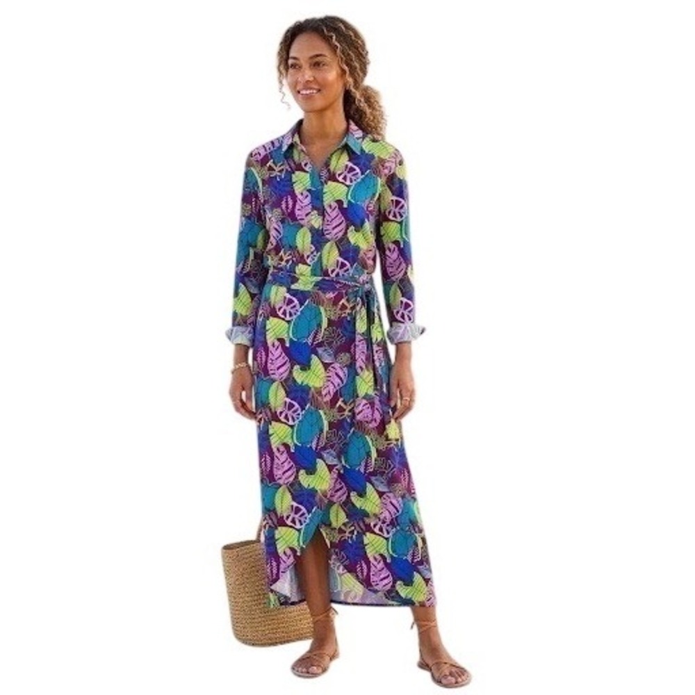 Coolibar UPF 50+ Tropical Leaf Print Shirt Wrap Maxi Skirt Set Purple S Summer